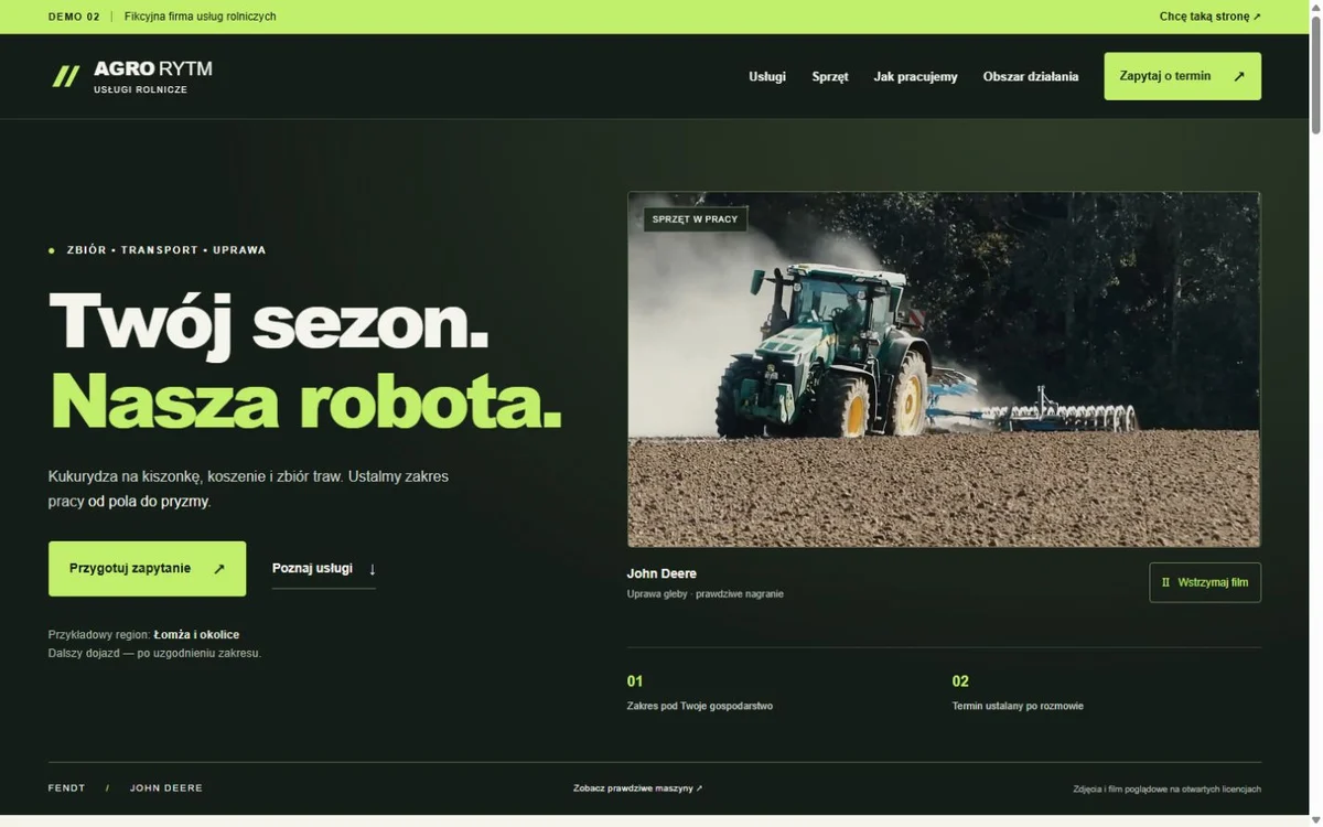 Podgląd działającego demo firmy usług rolniczych AGRO RYTM