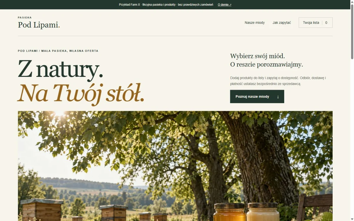 Podgląd działającego katalogu pasieki Pod Lipami na WooCommerce